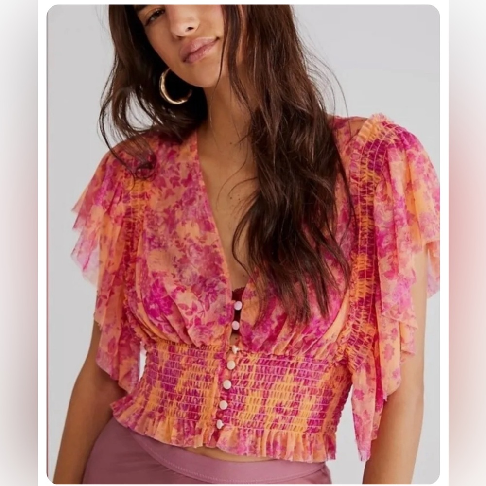 NWOT Free People Sugar Top. sheer back, smocked bottom, button-front medium